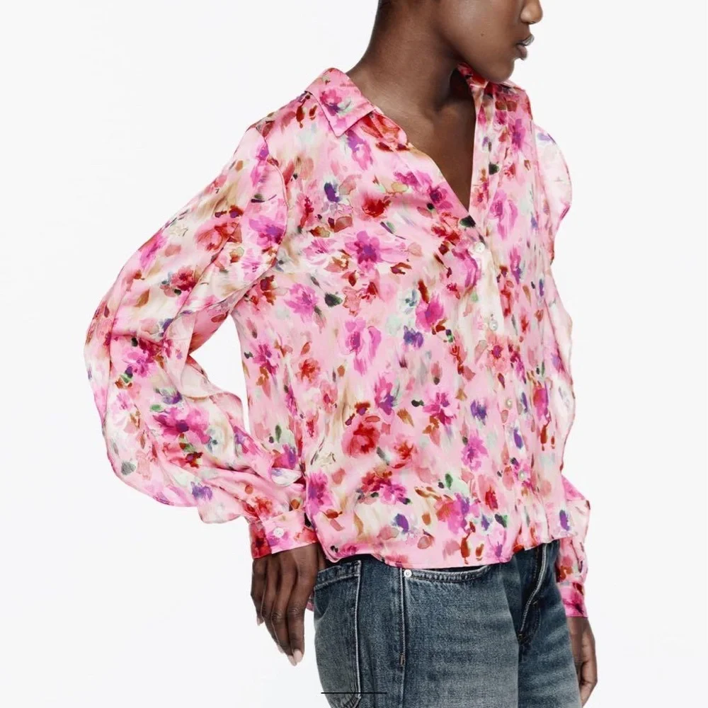 NWT ZARA pink floral print ruffled blouse size L - Picture 2 of 12
